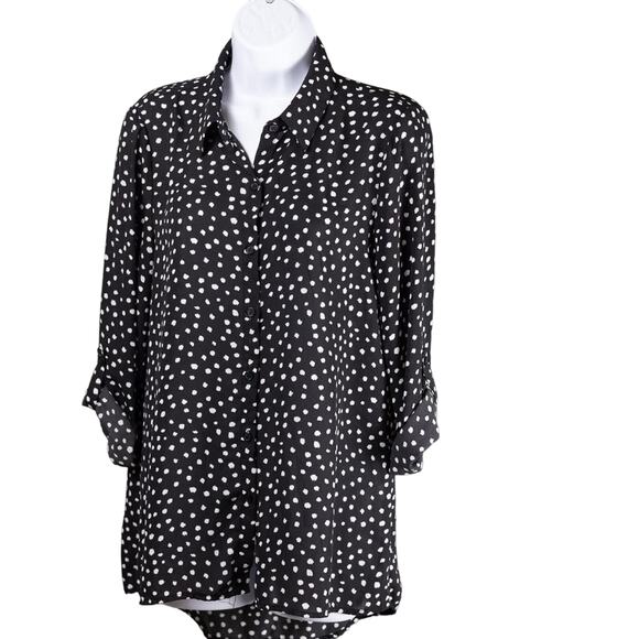 NEIMAN Marcus Sheer Black Cream Spotted Long Sleeve Blouse, Size Medium - Picture 1 of 8